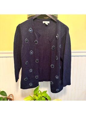 Coldwater Creek Womens Beaded Open Cardigan Navy Medium 10-12